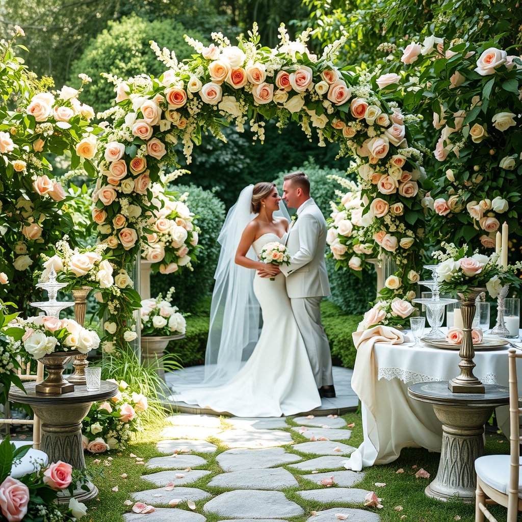 Elegant Garden Wedding Ceremony Under Floral Arch – free AI stock image