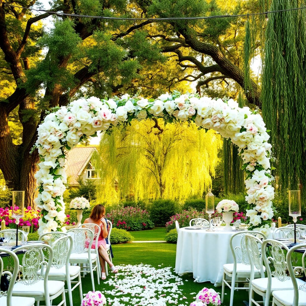 Elegant Garden Wedding Ceremony Under the Arches – free AI stock image