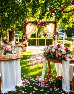 Elegant Garden Wedding with Floral Arrangements – free AI stock image