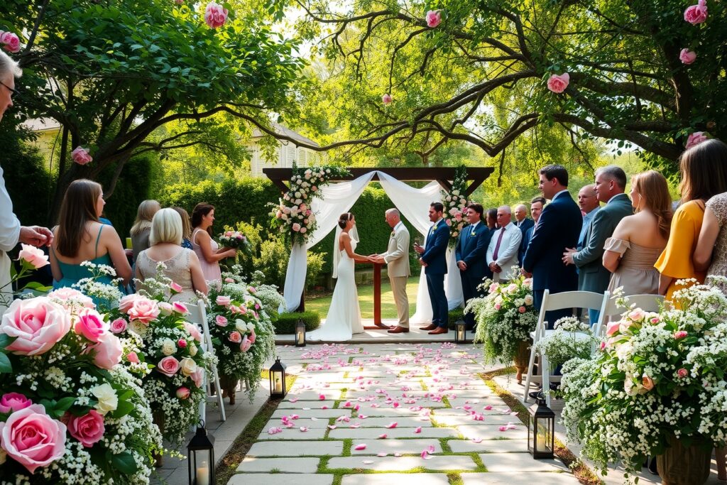 Elegant Garden Wedding with Floral Decor – free AI stock image