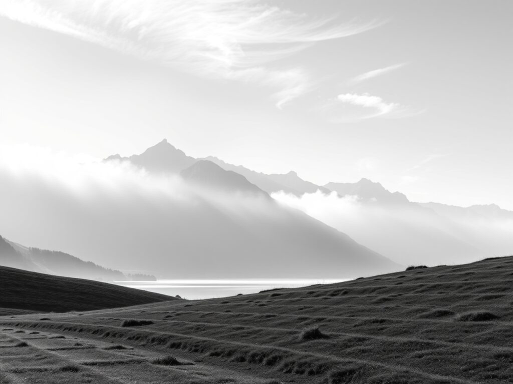 Elegant Monochrome Landscape with Misty Mountains – free AI stock image