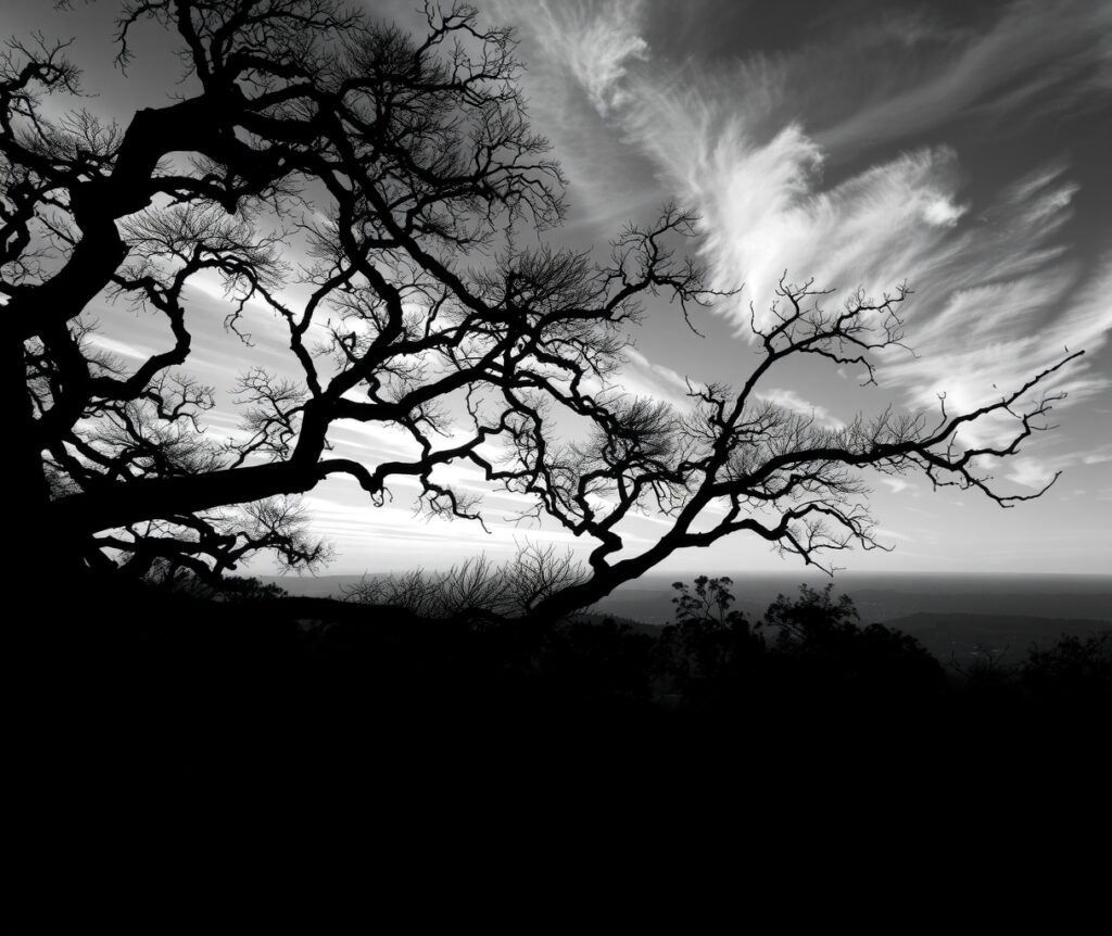 Elegant Monochrome Landscape with Silhouetted Trees – free AI stock image