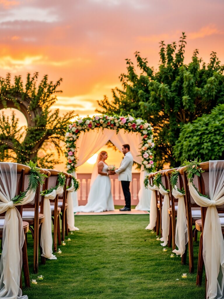 Elegant Outdoor Wedding at Sunset – free AI stock image