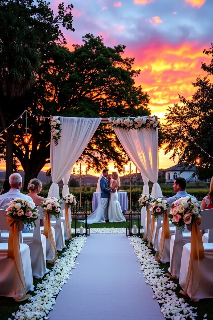 Elegant Outdoor Wedding Ceremony at Sunset – free AI stock image