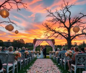 Elegant Outdoor Wedding Ceremony at Sunset – free AI stock image