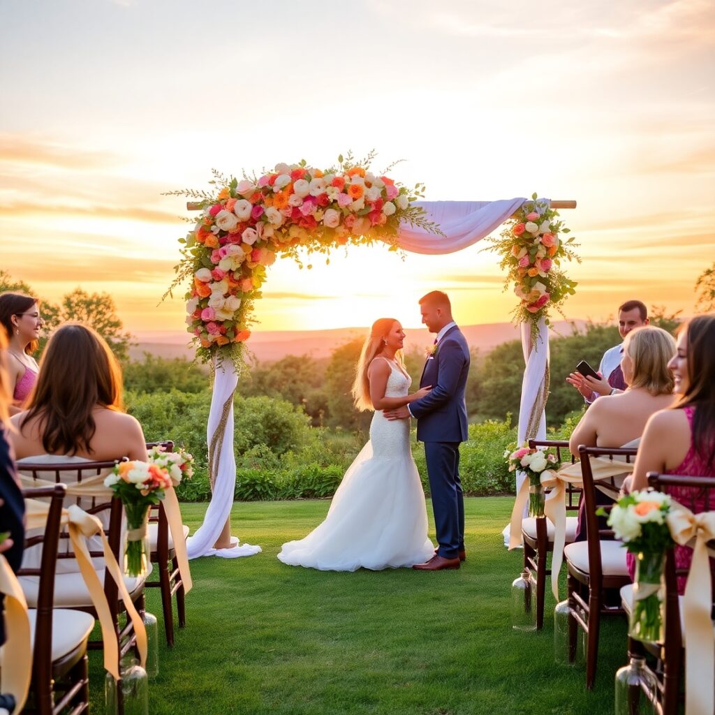 Elegant Outdoor Wedding Ceremony at Sunset – free AI stock image