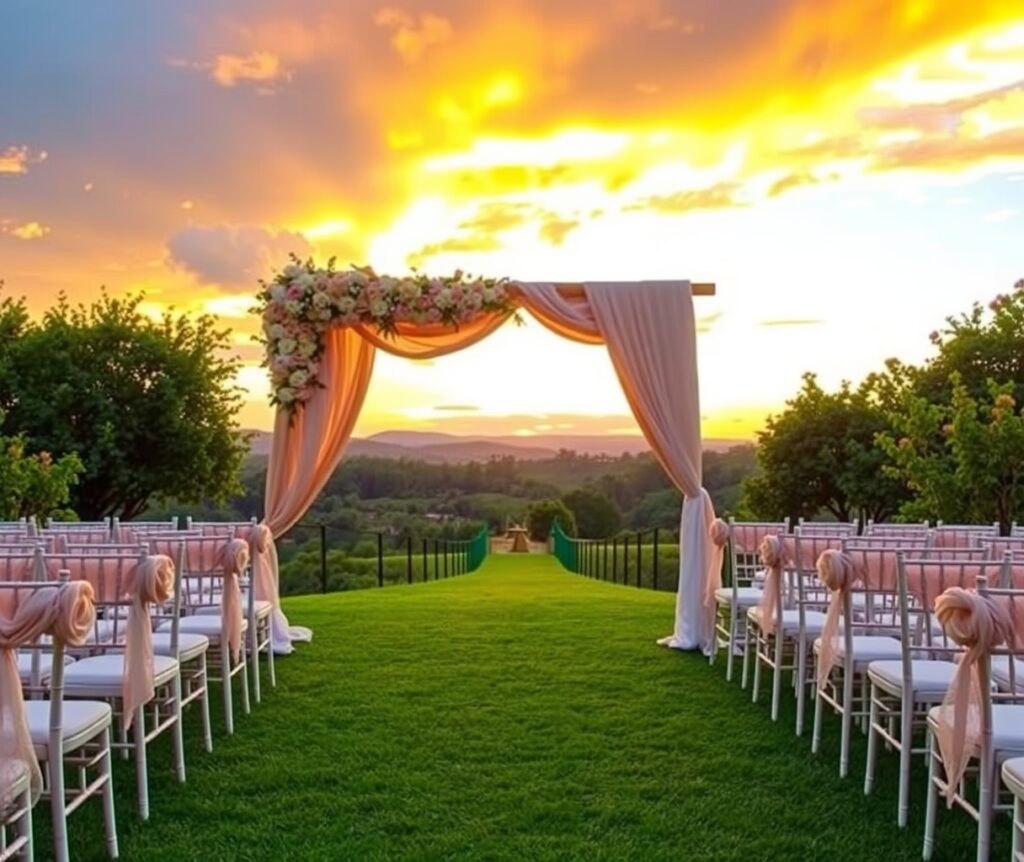 Elegant Outdoor Wedding Ceremony at Sunset – free AI stock image