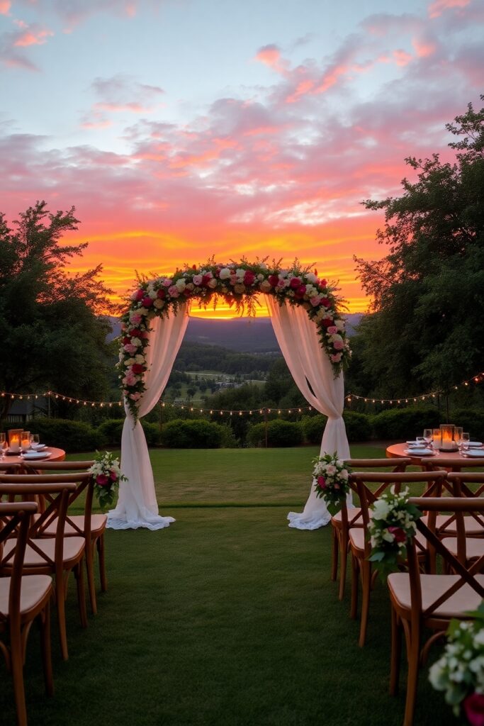Elegant Outdoor Wedding Ceremony at Sunset – free AI stock image