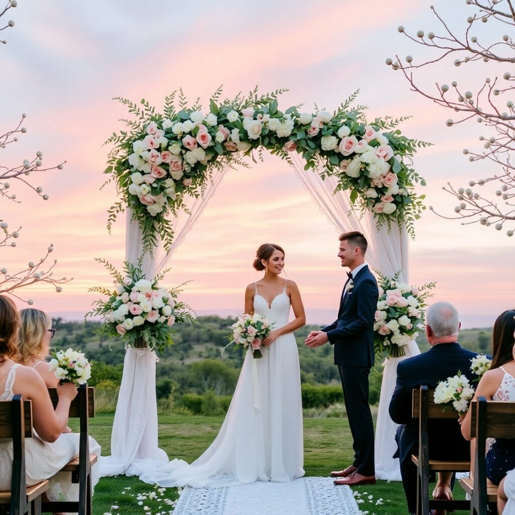 Elegant Outdoor Wedding Ceremony at Sunset – free AI stock image