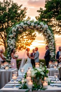 Elegant Outdoor Wedding Ceremony at Sunset – free AI stock image