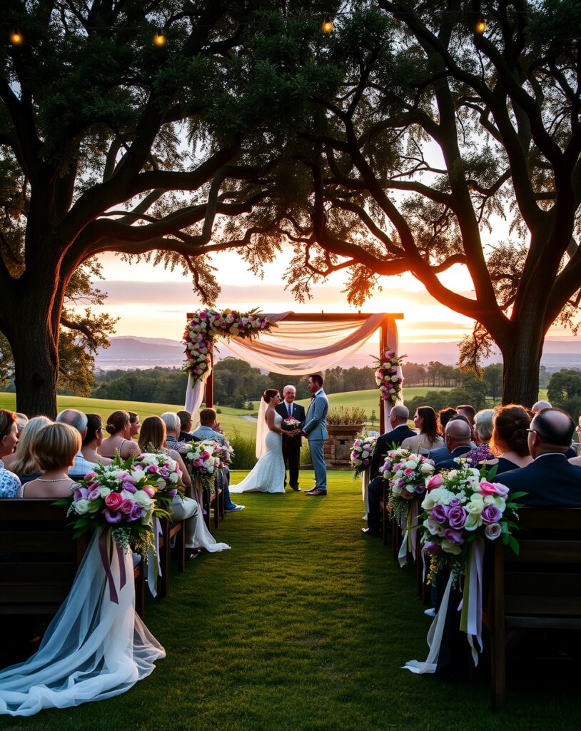 Elegant Outdoor Wedding Ceremony at Sunset – free AI stock image
