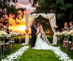 Elegant Outdoor Wedding Ceremony at Sunset – free AI stock image