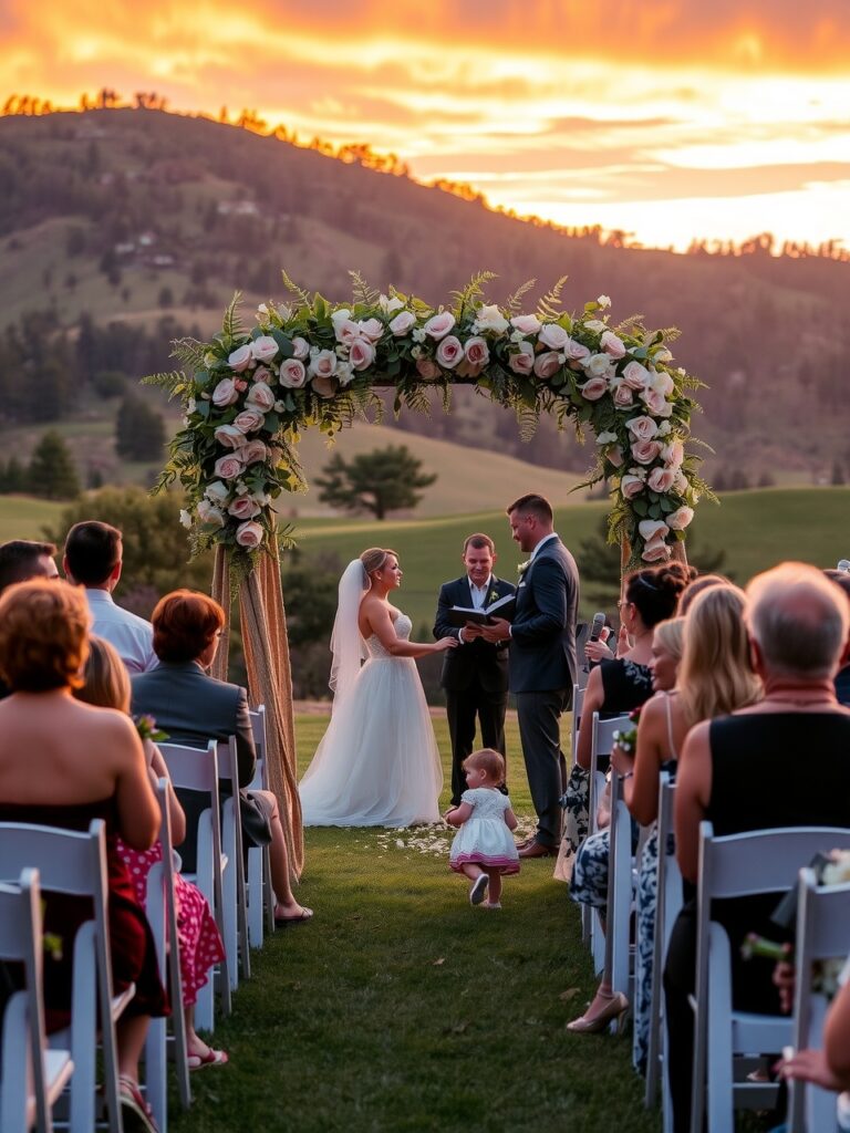 Elegant Outdoor Wedding Ceremony at Sunset – free AI stock image