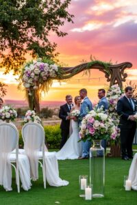 Elegant Outdoor Wedding Ceremony at Sunset – free AI stock image
