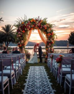 Elegant Outdoor Wedding Ceremony at Sunset – free AI stock image