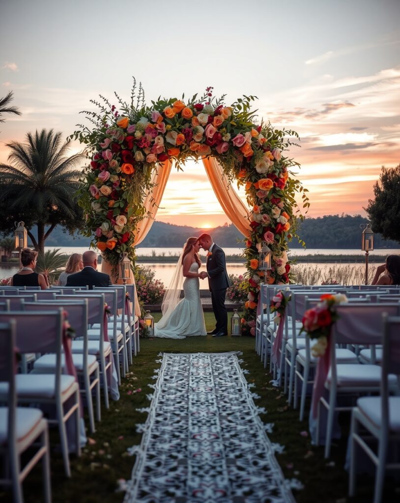 Elegant Outdoor Wedding Ceremony at Sunset – free AI stock image