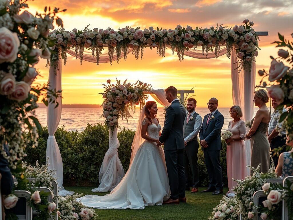 Elegant Outdoor Wedding Ceremony at Sunset – free AI stock image