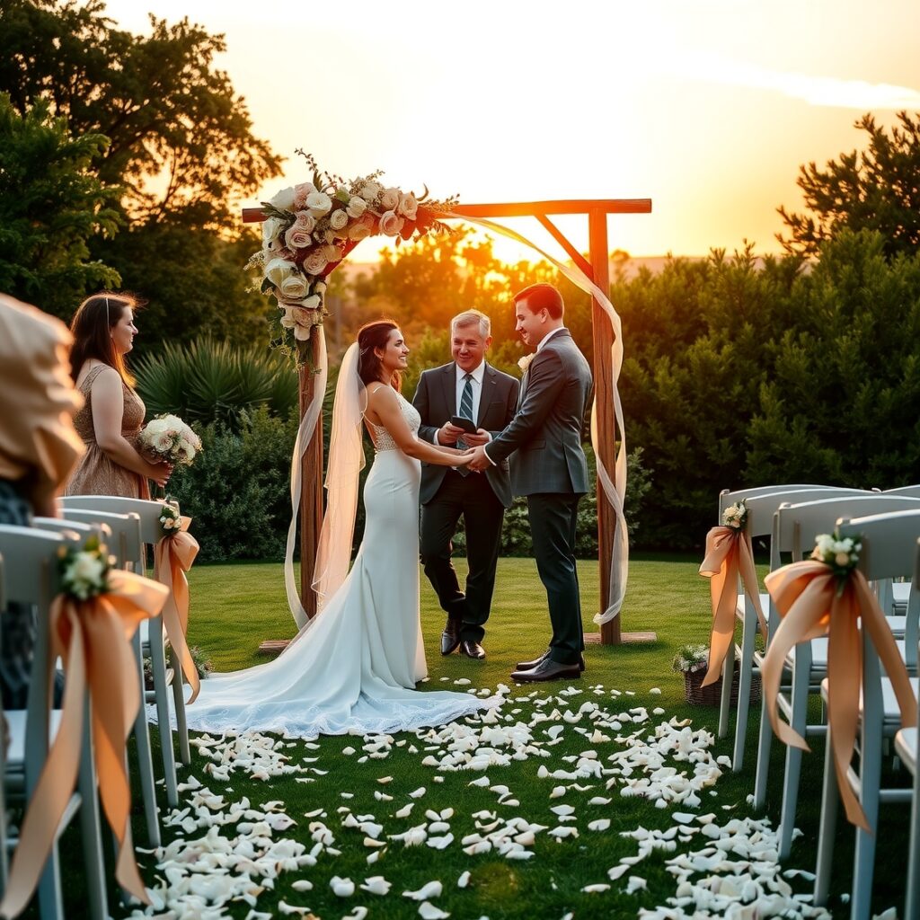 Elegant Outdoor Wedding Ceremony at Sunset – free AI stock image