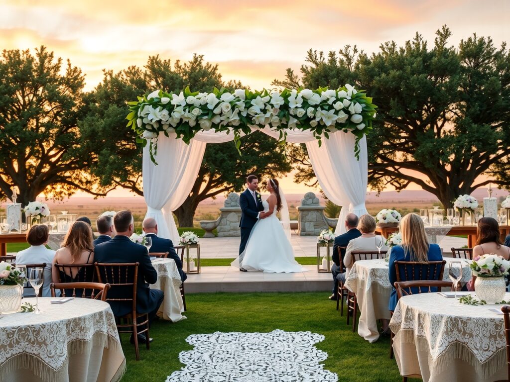 Elegant Outdoor Wedding Ceremony at Sunset – free AI stock image