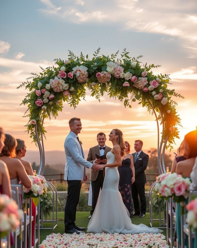 Elegant Outdoor Wedding Ceremony at Sunset – free AI stock image