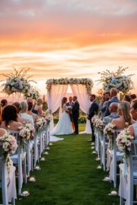 Elegant Outdoor Wedding Ceremony at Sunset – free AI stock image