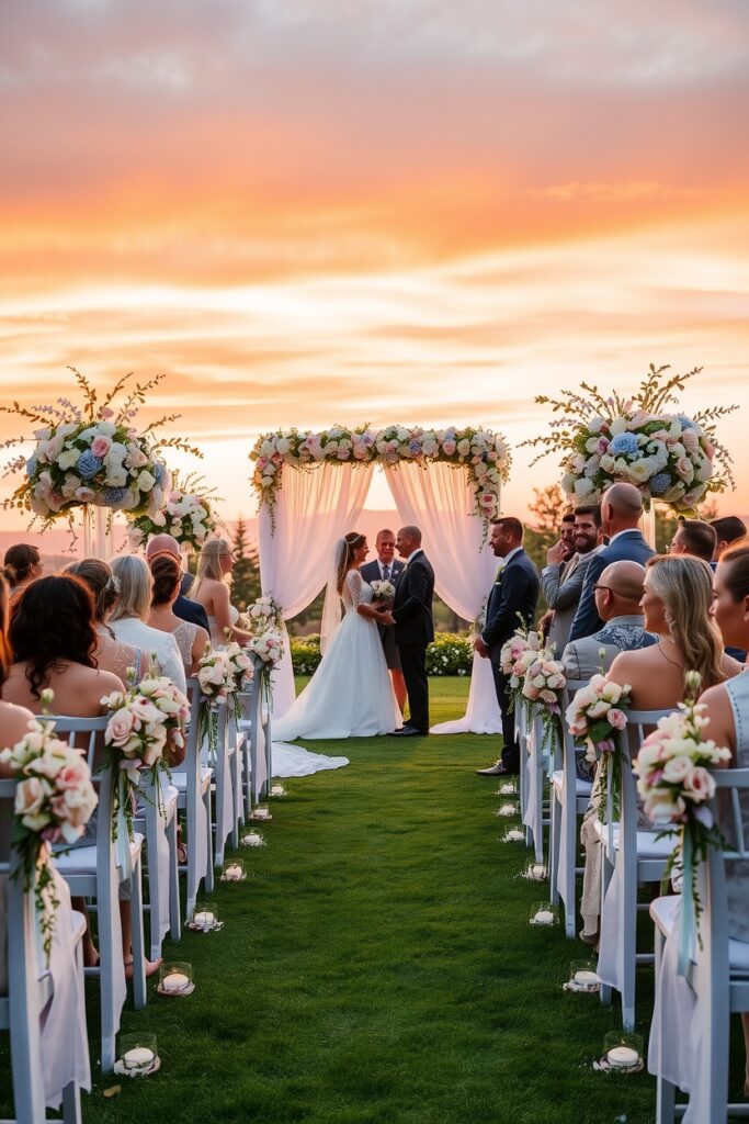 Elegant Outdoor Wedding Ceremony at Sunset – free AI stock image
