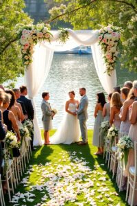 Elegant Outdoor Wedding Ceremony by the Lake – free AI stock image