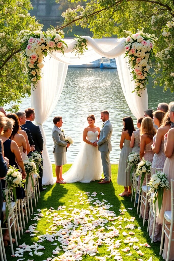 Elegant Outdoor Wedding Ceremony by the Lake – free AI stock image
