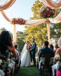 Elegant Outdoor Wedding Ceremony Under a Canopy – free AI stock image