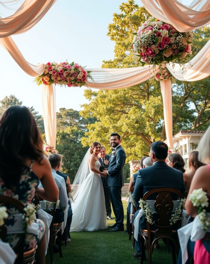 Elegant Outdoor Wedding Ceremony Under a Canopy – free AI stock image