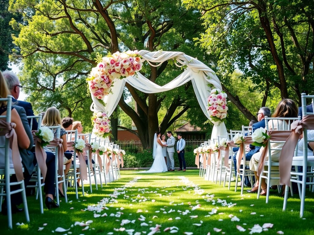 Elegant Outdoor Wedding Ceremony Under Arch – free AI stock image