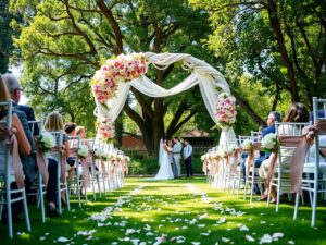 Elegant Outdoor Wedding Ceremony Under Arch – free AI stock image