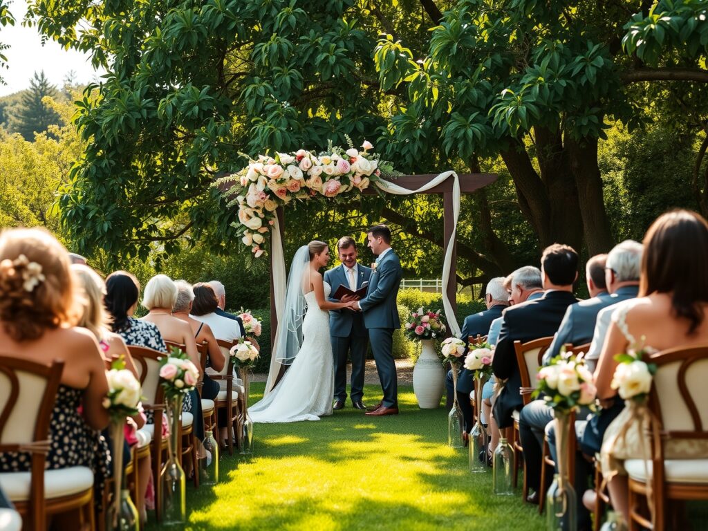 Elegant Outdoor Wedding Ceremony Under Arch – free AI stock image