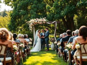 Elegant Outdoor Wedding Ceremony Under Arch – free AI stock image
