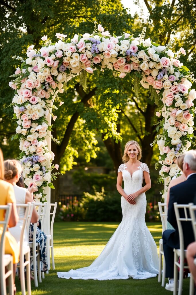 Elegant Outdoor Wedding Ceremony Under Arches – free AI stock image
