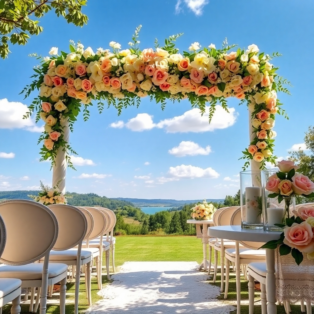 Elegant Outdoor Wedding Ceremony Under Archway – free AI stock image