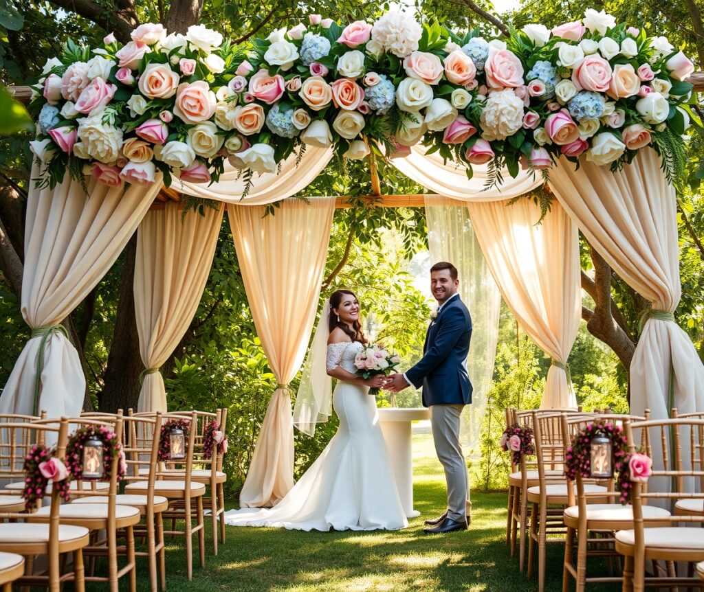 Elegant Outdoor Wedding Ceremony Under a Blooming Arbor – free AI stock image