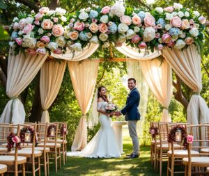 Elegant Outdoor Wedding Ceremony Under a Blooming Arbor – free AI stock image
