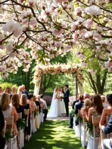 Elegant Outdoor Wedding Ceremony Under Blooming Trees – free AI stock image
