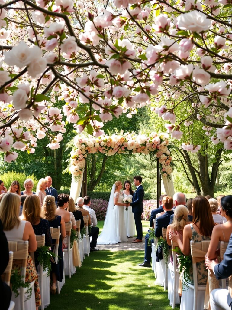 Elegant Outdoor Wedding Ceremony Under Blooming Trees – free AI stock image