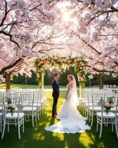 Elegant Outdoor Wedding Ceremony Under Blossoming Trees – free AI stock image