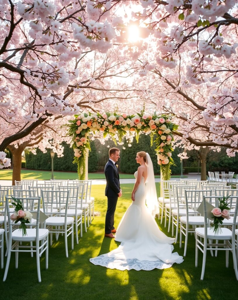 Elegant Outdoor Wedding Ceremony Under Blossoming Trees – free AI stock image