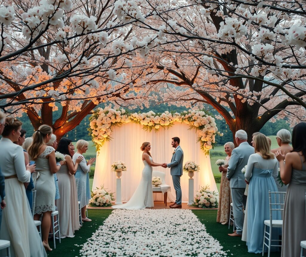 Elegant Outdoor Wedding Ceremony Under Blossoming Trees – free AI stock image