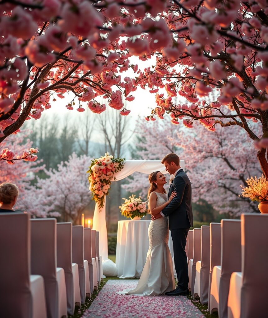 Elegant Outdoor Wedding Ceremony Under Cherry Blossoms – free AI stock image