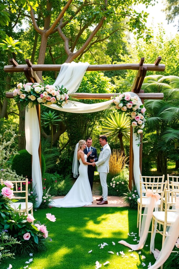 Elegant Outdoor Wedding Ceremony Under the Arches – free AI stock image