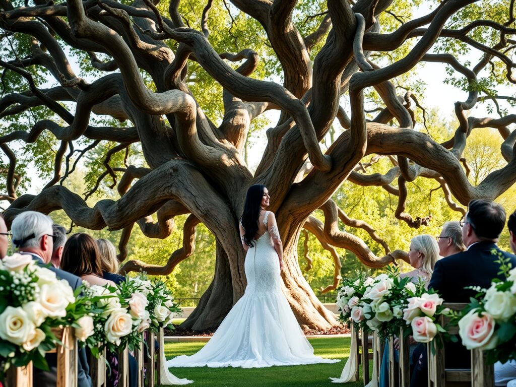 Elegant Outdoor Wedding Ceremony Under Trees – free AI stock image