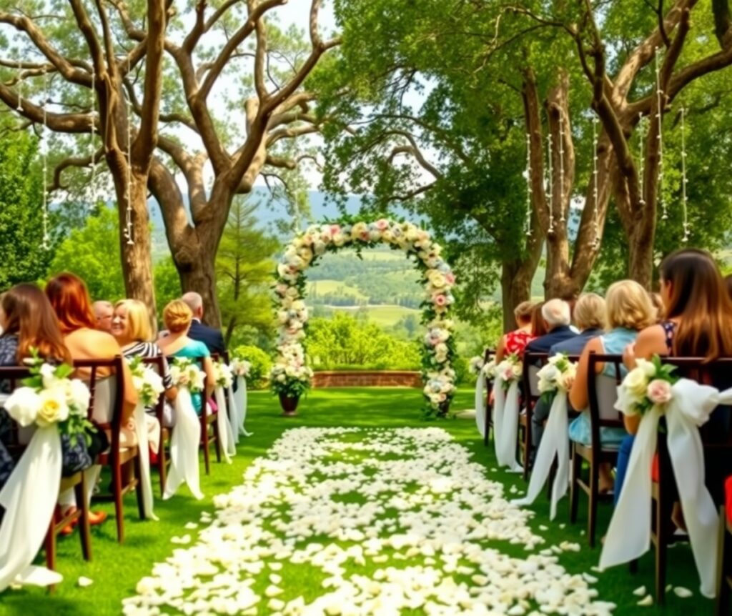 Elegant Outdoor Wedding Ceremony Under Trees – free AI stock image