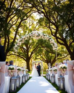 Elegant Outdoor Wedding Ceremony Under Trees – free AI stock image