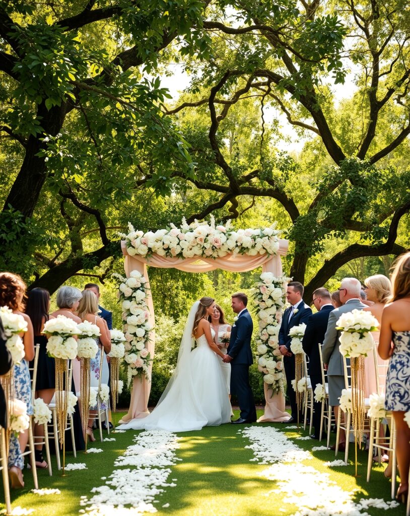 Elegant Outdoor Wedding Ceremony Under Trees – free AI stock image