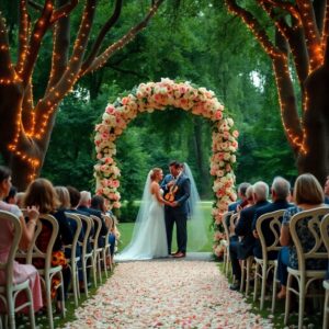 Elegant Outdoor Wedding Ceremony Under Trees – free AI stock image